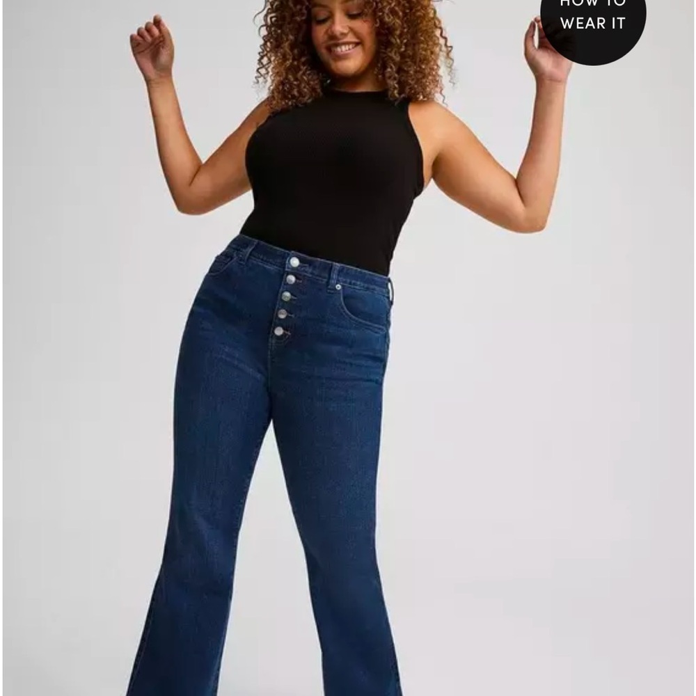 Torrid Bombshell Blue Flare Wide Leg Jeans with High Waist and Vintage Style